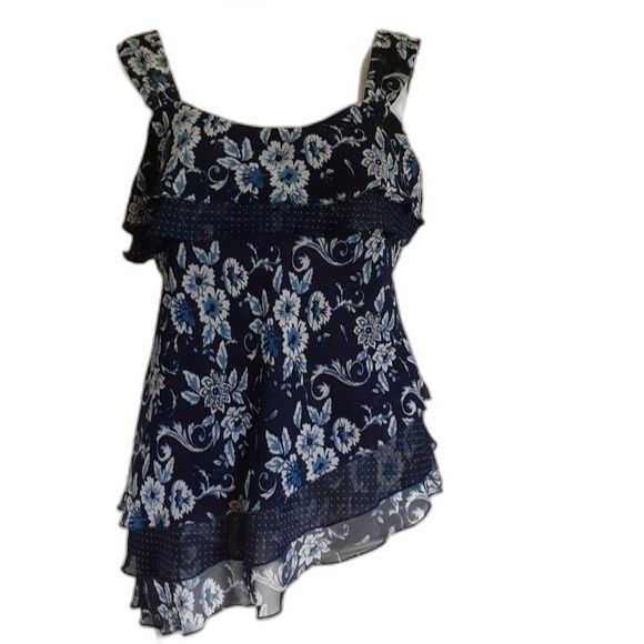 dress barn top m mp navy blue ruffle shirt blouse medium feminine summer top - Picture 1 of 6